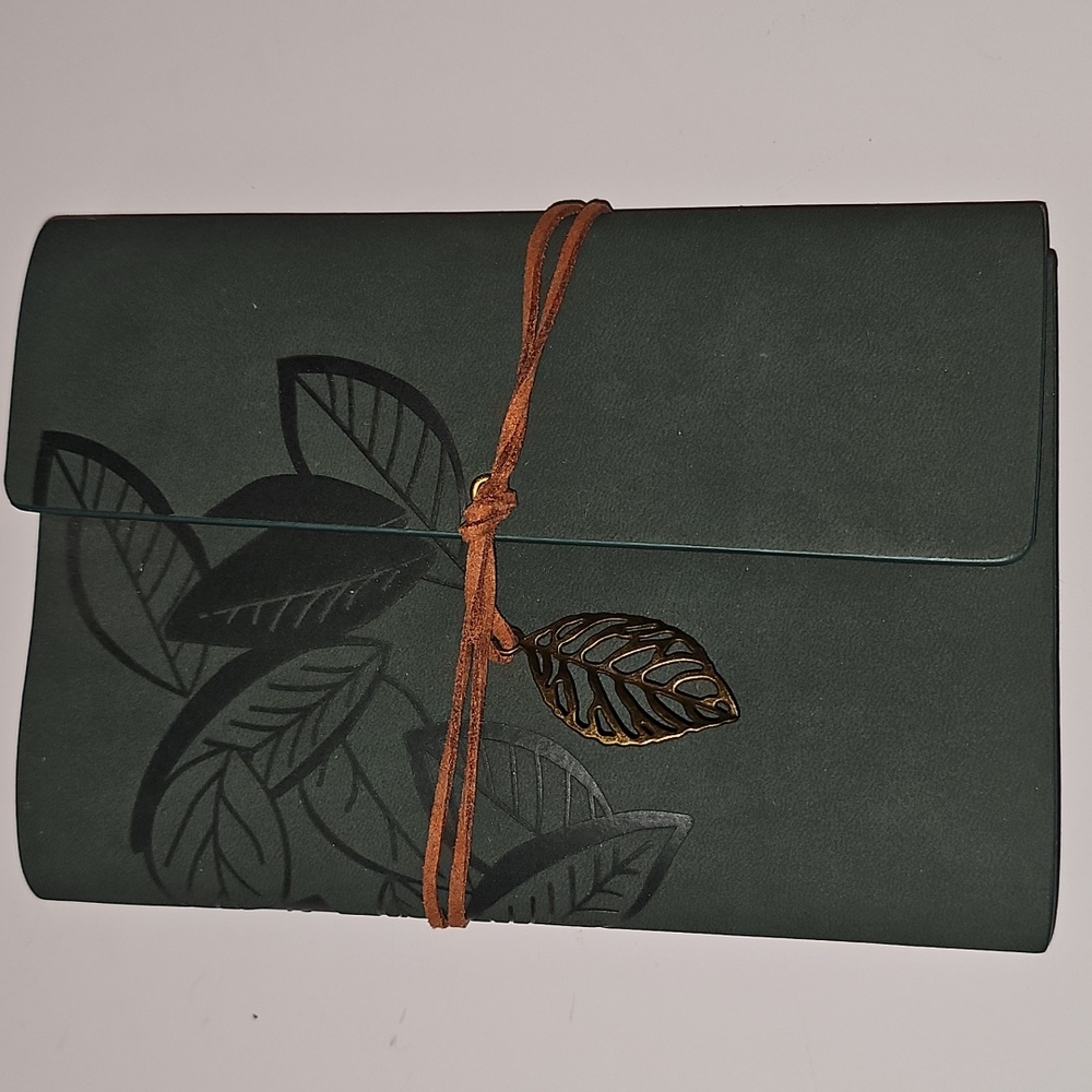 Green Leaf Embossed Faux Suede Leather Journal with Leaf Charm Emerald Green